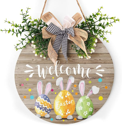 Harooni Easter Welcome Sign, Wooden Hanging Sign, 12" x 12", Brown, Rustic, Round, Easter Theme, DECORATIVE SIGNAGE, Hanging, 0.6mm Thick