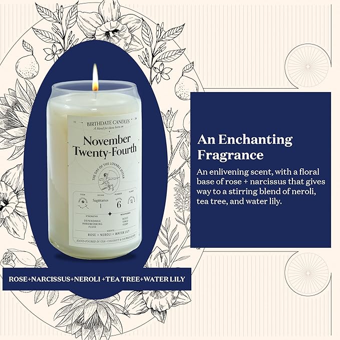 Birthdate Candles, November 24 - Sagittarius Zodiac Scented Candles Birthday Gift - Rose, Neroli & Water Lily Scent - All-Natural Soy & Coconut Wax, 60-80 Hour Burn Time - Made in USA