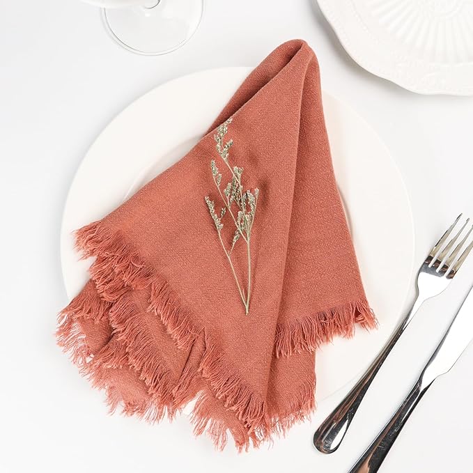 Handmade Cloth Napkins with Fringe,18 x 18 Inches Cotton Linen Napkins Set of 4 Versatile Handmade Square Rustic Fringe Napkins for Dinner, Wedding and Parties, Rose