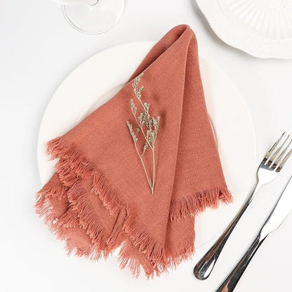 Handmade Cloth Napkins with Fringe,18 x 18 Inches Cotton Linen Napkins Set of 4 Versatile Handmade Square Rustic Fringe Napkins for Dinner, Wedding and Parties, Rose