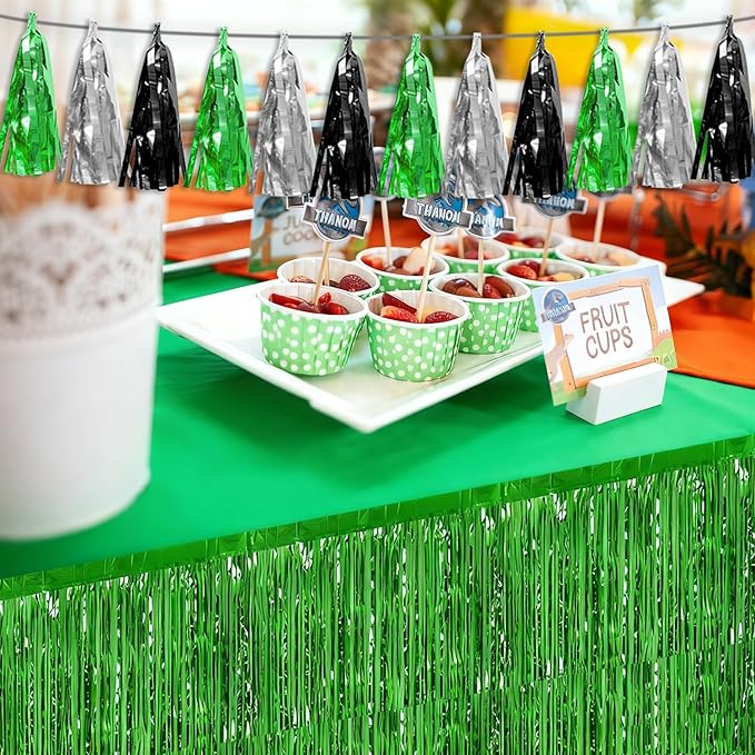 3P Black Silver Green Tassel Banner Garland Metallic Foil Fringe Banner Tinsel Tassels Streamer Banner Backdrop for Parade Floats, Graduation Decorations, Halloween, Christmas Decorations