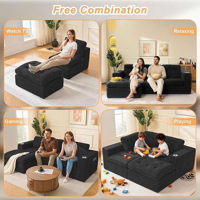 108 Inch Cloud Sectional Couch Modern Modular Sectional Sofa with Deep Seat - L Shaped Comfy 3 Seater Sectional Couches Memory Foam Boneless Fits Living Room & Bedroom, Black