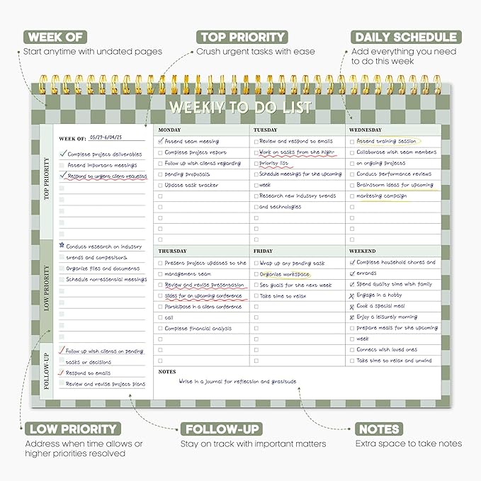 Taja Weekly To Do List Notepad with 52 Undated Sheets（8.5"×11"）- Weekly Desk Planner for Women & Man, Work and Home - 1 Pack Mint Checkered