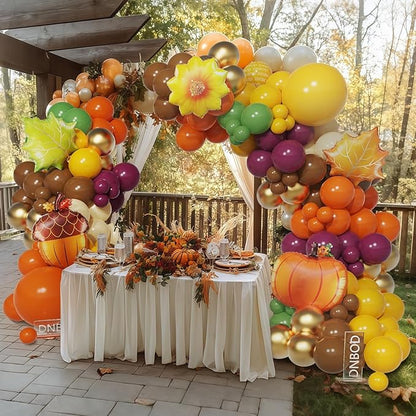 Fall Harvest Thanksgiving Balloon Arch Kit,144Pcs Burnt Orange Yellow Sage Green Brown Balloon Garland with Maple Leaves,Acorn,Pumpkin,Sunflower Foil Balloons for Friendsgiving Autumn Party Decoration