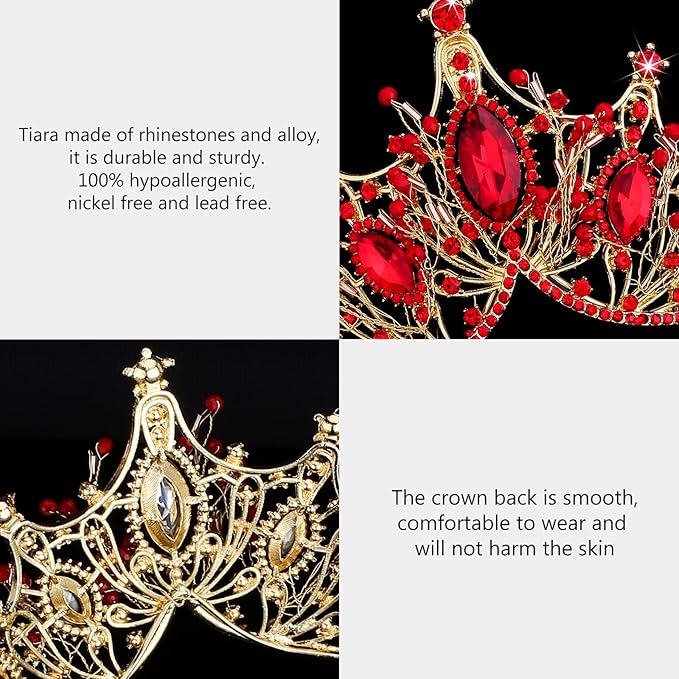 COCIDE Gold Queen Crown for Women Baroque Princess Red Tiara for Girls Crystal Pearl Mermaid Rhinestones Hair Accessories for Bride Birthday Party Bridesmaids Halloween Costume Cosplay