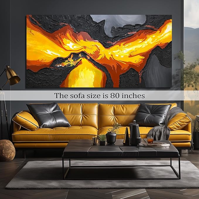 GUGIKA Extra Large Abstract Wall Art for Living Room, Hand Painted 3D Textured Magma Paintings, Black and Gold Yellow Volcanic Lava Canvas Wall-Decor for Bedroom, Size 80x40 Inches