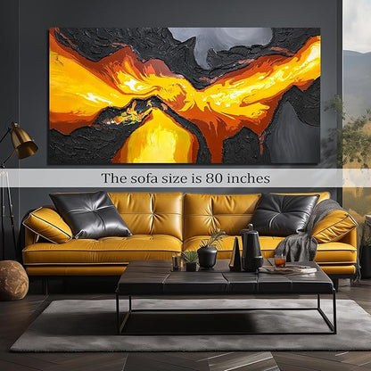 GUGIKA Extra Large Abstract Wall Art for Living Room, Hand Painted 3D Textured Magma Paintings, Black and Gold Yellow Volcanic Lava Canvas Wall-Decor for Bedroom, Size 80x40 Inches