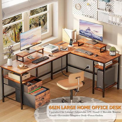 Furologee 66” L Shaped Desk with Power Outlet, Reversible Computer Gaming Desk with File Drawer & 2 Monitor Stands for Home Office with Storage Shelves, Rustic Brown