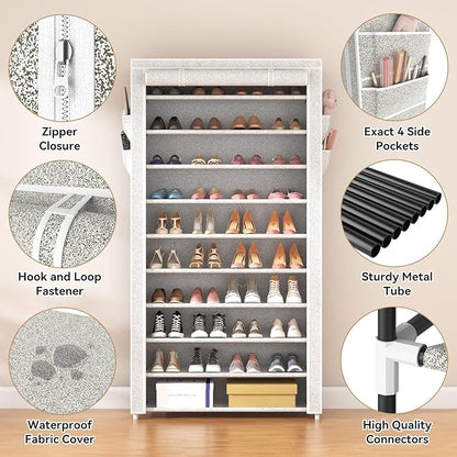 ROJASOP 10 Tier Shoe Rack with Covers Large Capacity Stackable Tall Shoe Shelf Storage for 50-55 Pairs Shoe and Boot, Sturdy Free Standing Shoe Rack Organizer for Closet, Entryway, Bedroom, Printing