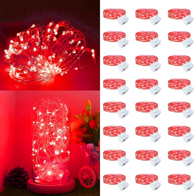 Fairy Lights,Silver Wire String Lights Waterproof,Battery Operated 7FT 20LED Firefly Starry Moon Lights for DIY Christmas Wedding Party Bedroom Decor (Red, 24 Pack)