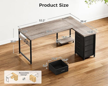 AODK L Shaped Gaming Desk with 4 Drawers, 53" Reversible Home Office Desks with Power Outlets, L Shaped Computer Desk with USB Charging Port and Host Stand, Corner Desk, Easy to Assemble, Grey