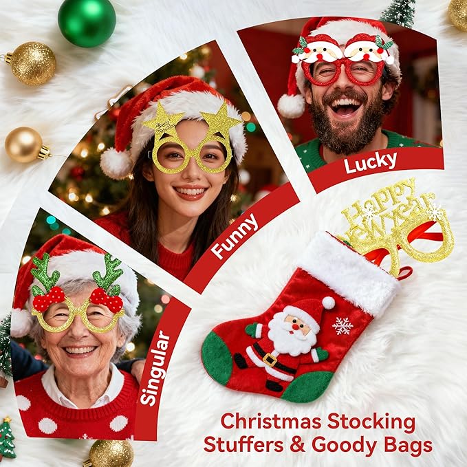 16Pcs Christmas Glasses Glitter Holiday Party, Cute Christmas Glasses Frames, Christmas Eyeglasses Party Decorations for Christmas Party Favors Holiday Favors (One Size Fits All)
