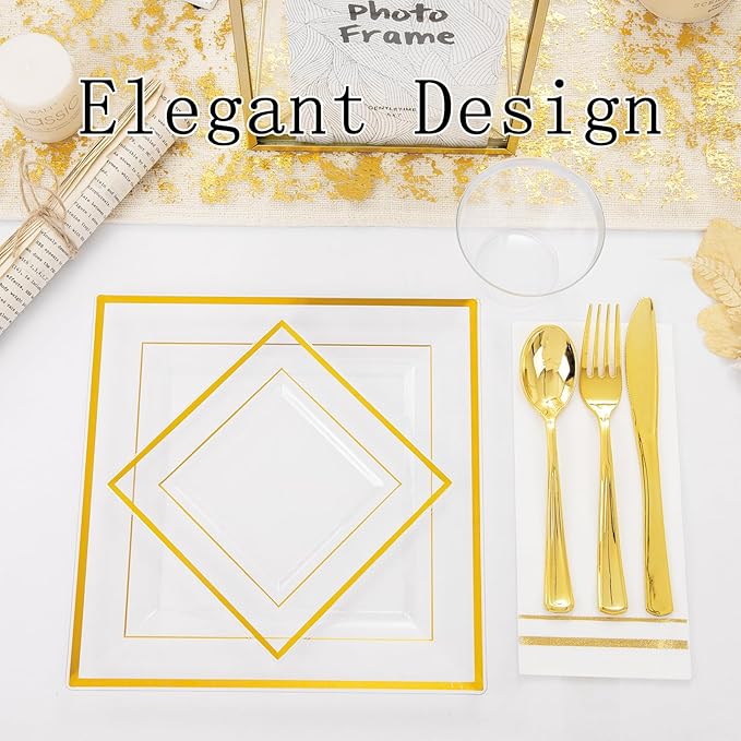 Festiva 350Pcs Clear Plastic Plates with Gold rim - Clear Gold Disposable Dinnerware for 50 Guests includeSquare Plastic Plates/Cups/Cutlery/Napkins Perfect for Thanksgiving Party&Wedding &Xmas