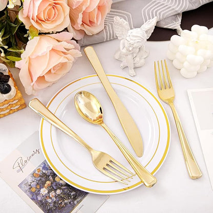 Supernal 360pcs Gold Plastic Silverware Heavy Duty Disposable Cutlery Gold flatware Sets Include 120 Forks, 120 Knives, 120 Spoons, Suitable for Party, Birthday, Wedding