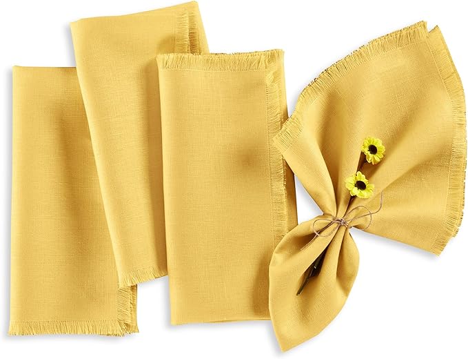 Solino Home Fringe Linen Cloth Napkins Set of 4-100% Pure Linen Marigold Yellow Dinner Napkins 20 x 20 Inch - Handcrafted and Machine Washable