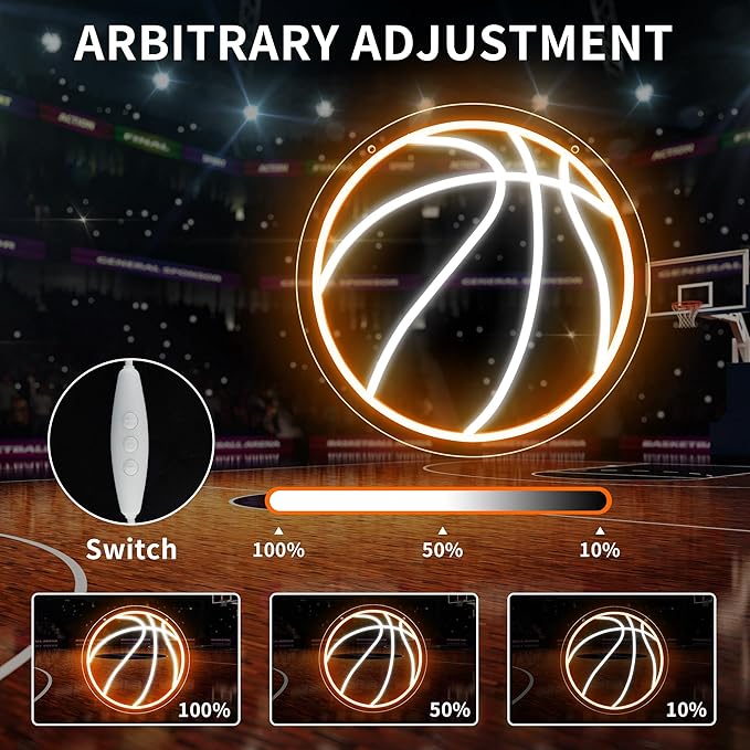Basketball Neon Sign, Dimmable Basketball Neon Sign for Bedroom Neon Basketball Ball Sign Basketball Neon Light for Bedroom Birthday Party Home College Decor Club Kids Holiday Gifts