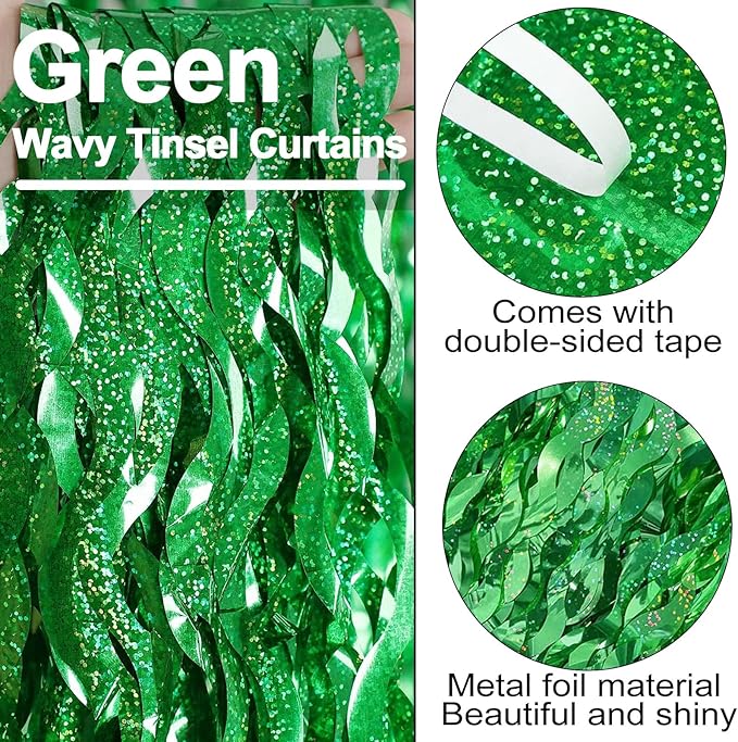 4 Pack Green Fringe Curtain Backdrop 3.2Ft x 8.2Ft Metallic Tinsel Foil Fringe Streamers Background for Photo Booth, Easter, Mother's Day, Bachelorette, Wedding, Birthday Party Decoration