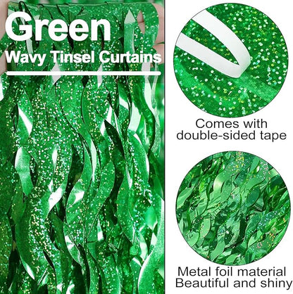 4 Pack Green Fringe Curtain Backdrop 3.2Ft x 8.2Ft Metallic Tinsel Foil Fringe Streamers Background for Photo Booth, Easter, Mother's Day, Bachelorette, Wedding, Birthday Party Decoration