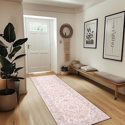 Area Rugs 2'x8' Runner Rug Non Slip Washable for Kitchen Hallway Bedroom Beside Laundry Room Bathroom Rug, Floor Carpet, Pink Greypink Cute