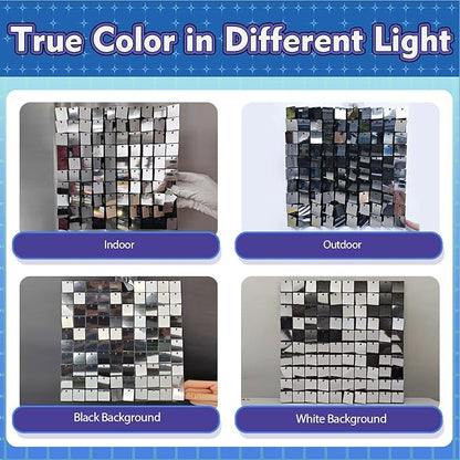 Qcity Silver Shimmer Wall Backdrop 36PCS, Black Back Not See-Through Design, Square Sequin Glitter Backdrop Panel, Perfect for Outdoor Events, Birthdays, Wedding and Party Decoration