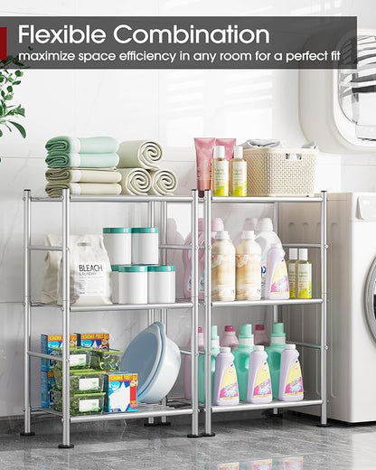 Storage Shelves - 3 Tier Shelf Organizer, Sturdy Metal Shelving with Adjustable Leveling Feet, Space-Saving Shelves Organizer for Pantry, Laundry, Kitchen (18" x 12" x 30", Silver)