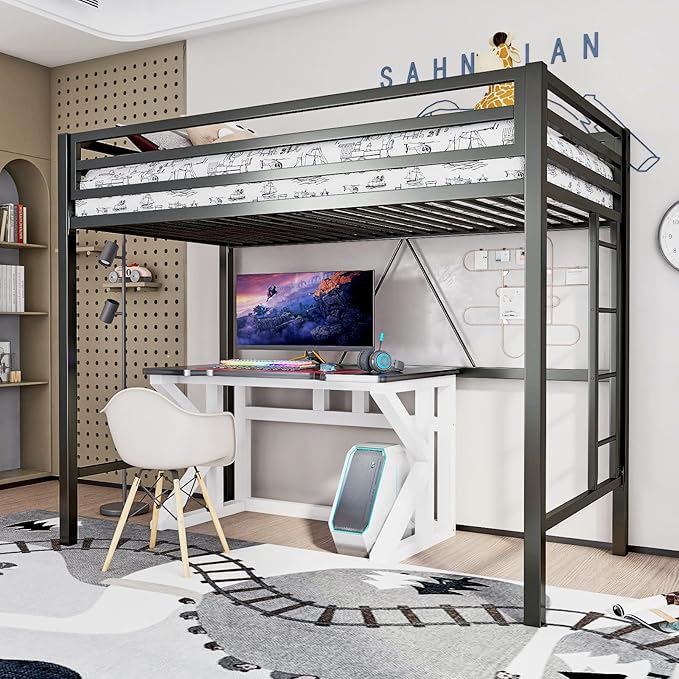 ikalido Metal Loft Bed Twin Size with Safety Guardrail and Ladder, No Box Spring Needed Space Saving Bedroom Furniture, Matte Black