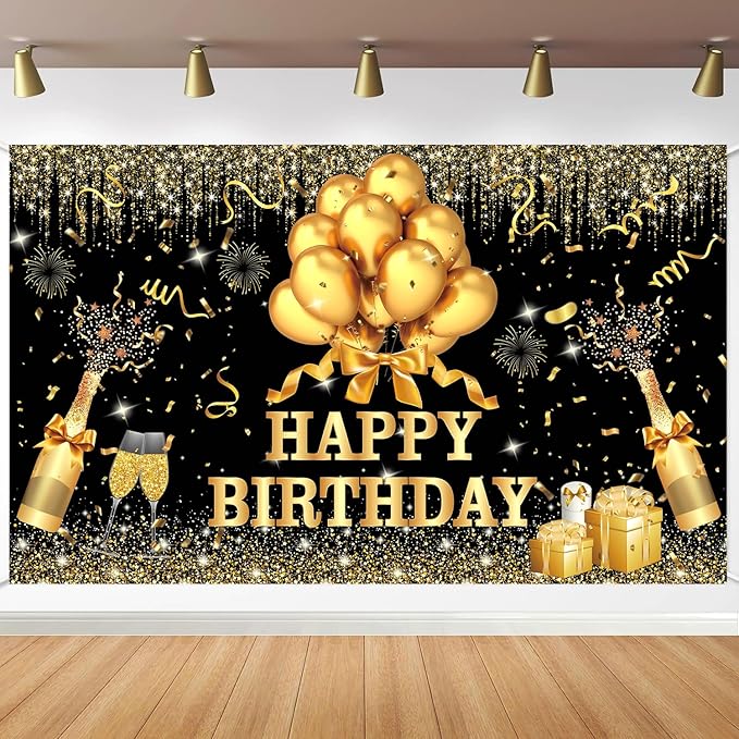 YinQin 180x120 cm Glitter Golden Black Happy Birthday Backdrops Banners Cloth 71x47 inch Bday Party Photography Backgrounds Shiny Black Gold Happy Birthday Sign Party Decorations for Girl Women