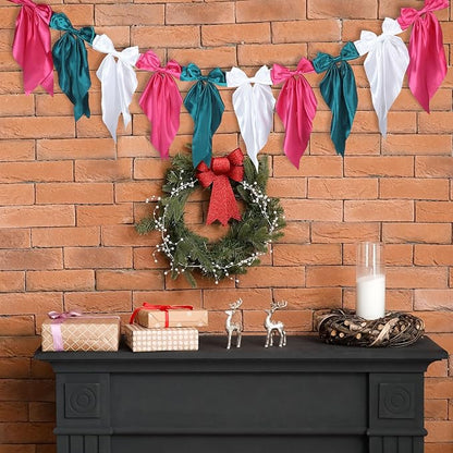 VitalCozy 1 PCS Christmas Bow Garland Banner, Satin Ribbon Hanging Party Bow Garland Decoration for Holiday Birthday Party Supplies
