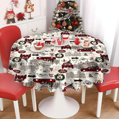 Eikione 60 Inch Round Merry Christmas Tablecloth, Truck Christmas Tree Tablecloth, Stain Resistant Dining Table Cover for Holiday Decor