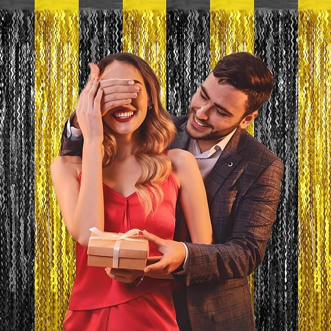 4 Pack Black Gold Fringe Curtain Backdrop 3.2Ft x 8.2Ft Metallic Tinsel Foil Fringe Streamers Background for Photo Booth Mother's Day, Easter, Carnival, Birthday, Wedding Party Decoration