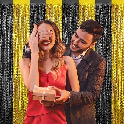 4 Pack Black Gold Fringe Curtain Backdrop 3.2Ft x 8.2Ft Metallic Tinsel Foil Fringe Streamers Background for Photo Booth Mother's Day, Easter, Carnival, Birthday, Wedding Party Decoration