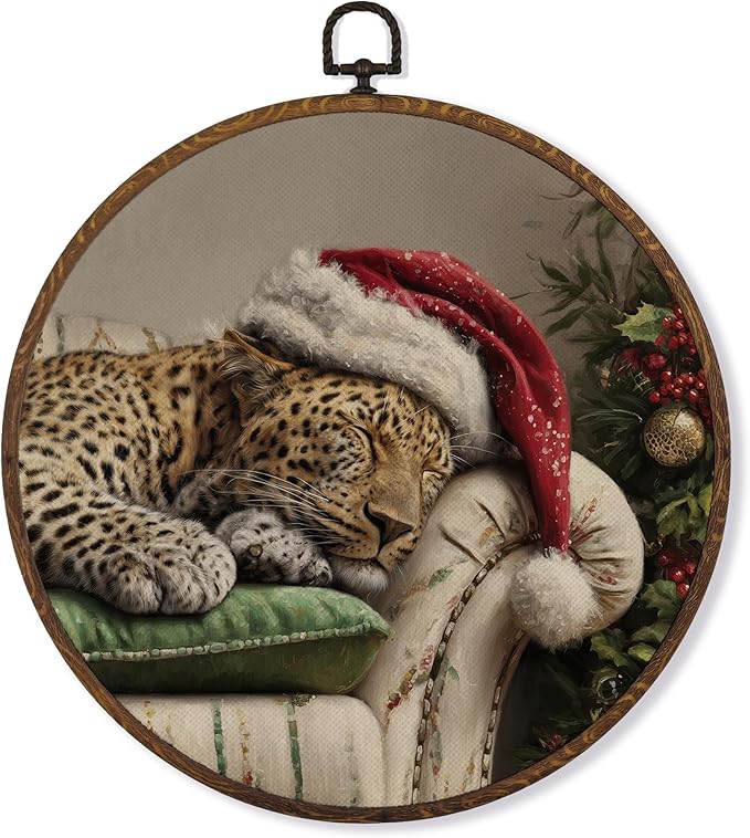 MOTERMATE Christmas Leopard Wall Art Decor Round Framed, Winter Christmas Canvas Wall Art Artwork Prints, Farmhouse Sleeping Leopard Cheetah Hanging Decor Decorations for Home Living Room, 10x10 Inch