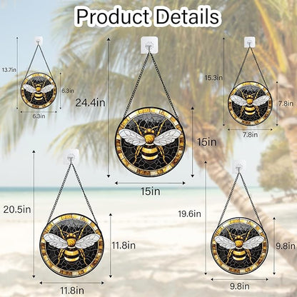 Stained Glass Window Hanging - Black Gold Bee White Wings Sun Catcher for Door Home Decor Insect Suncatcher Christmas Mother's Day Birthday Gifts for Women Men Lovers Mom Nana 15 in