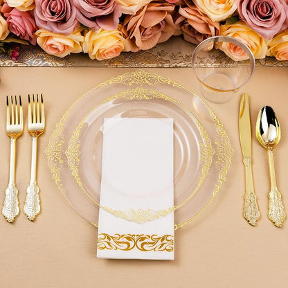 350PCS Clear Gold Plastic Plates for 50 Guests, Disposable Dinnerware Set Includes 100 Clear Disposable Plates, 150 Gold Silverware, 50 Cups, 50 Napkins for Party, Wedding
