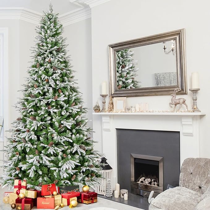 GOFLAME 9FT Pre-Lit Artificial Christmas Tree, Snow Flocked Xmas Tree with 1871 Branch Tips, 690 Warm White LED Lights, 117 Pine Cones, Holiday Decoration Tree for Home Office Party
