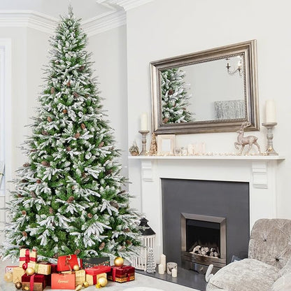 GOFLAME 9FT Pre-Lit Artificial Christmas Tree, Snow Flocked Xmas Tree with 1871 Branch Tips, 690 Warm White LED Lights, 117 Pine Cones, Holiday Decoration Tree for Home Office Party