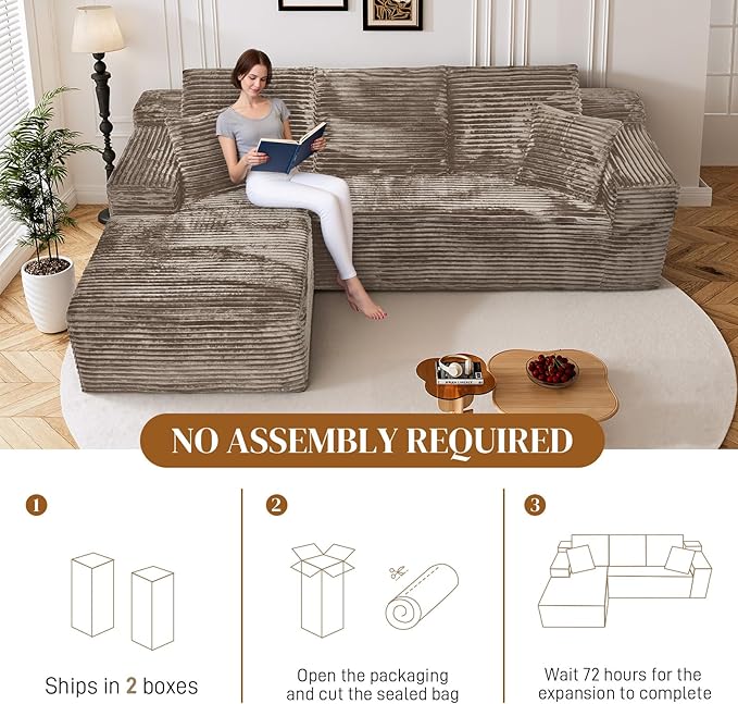108" L Shaped Boneless Sectional Couches for Living Room, Comfy Corduroy Floor Cloud Sofa with Chaise, Wide Armrest, Deep Seat, Memory Foam, Assembly Free, Ideal for Small Spaces, Brown