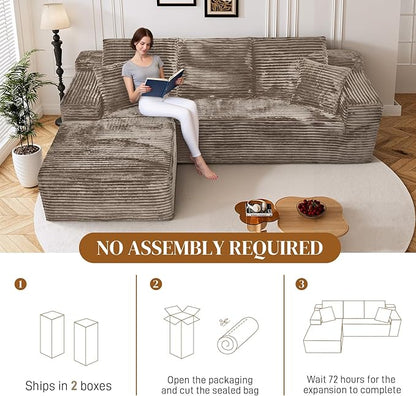 108" L Shaped Boneless Sectional Couches for Living Room, Comfy Corduroy Floor Cloud Sofa with Chaise, Wide Armrest, Deep Seat, Memory Foam, Assembly Free, Ideal for Small Spaces, Brown