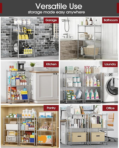 Storage Shelves - 3 Tier Shelf Organizer, Sturdy Metal Shelving with Adjustable Leveling Feet, Space-Saving Shelves Organizer for Pantry, Laundry, Kitchen (18" x 12" x 30", Silver)
