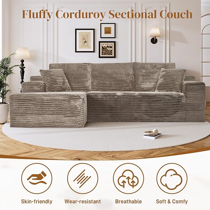108" L Shaped Boneless Sectional Couches for Living Room, Comfy Corduroy Floor Cloud Sofa with Chaise, Wide Armrest, Deep Seat, Memory Foam, Assembly Free, Ideal for Small Spaces, Brown