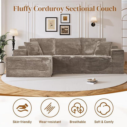 108" L Shaped Boneless Sectional Couches for Living Room, Comfy Corduroy Floor Cloud Sofa with Chaise, Wide Armrest, Deep Seat, Memory Foam, Assembly Free, Ideal for Small Spaces, Brown