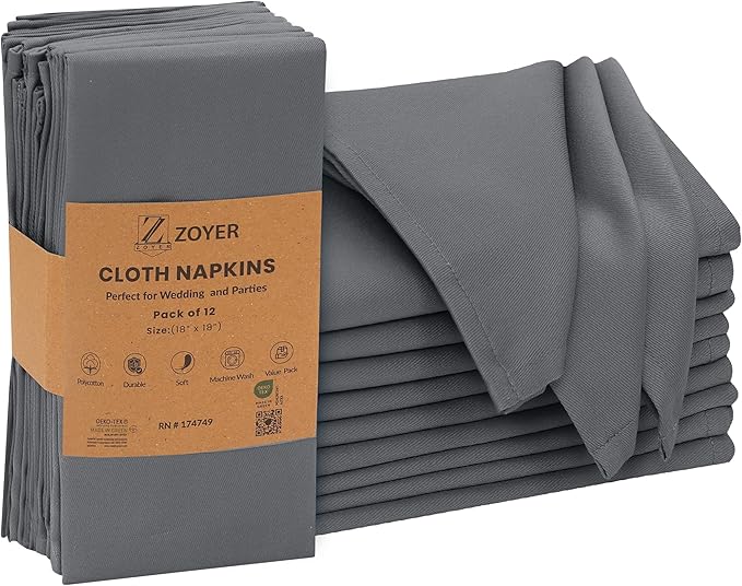 Zoyer Cloth Napkins Set of 12, 18x18 Inches Cotton Enrich Napkins Cloth ‎Washable, Soft & Durable Dinner Napkins for Parties, Wedding, Christmas, ‎Thanksgiving & Everyday Use - Charcoal Grey