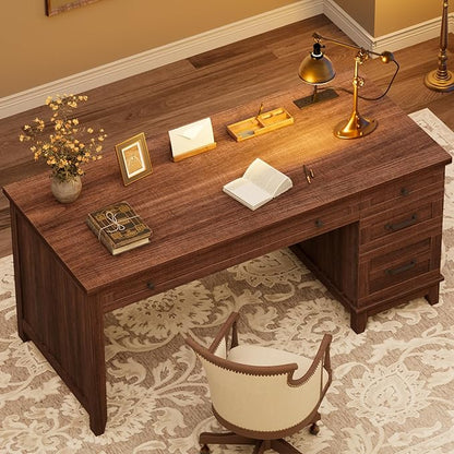 GarveeHome Executive Desk with Drawers, Farmhouse Home Office Desk with Charging Station, 53.54 in Wooden Computer Desk with File Cabinet Storage for Work Study Writing,Walunt Brown