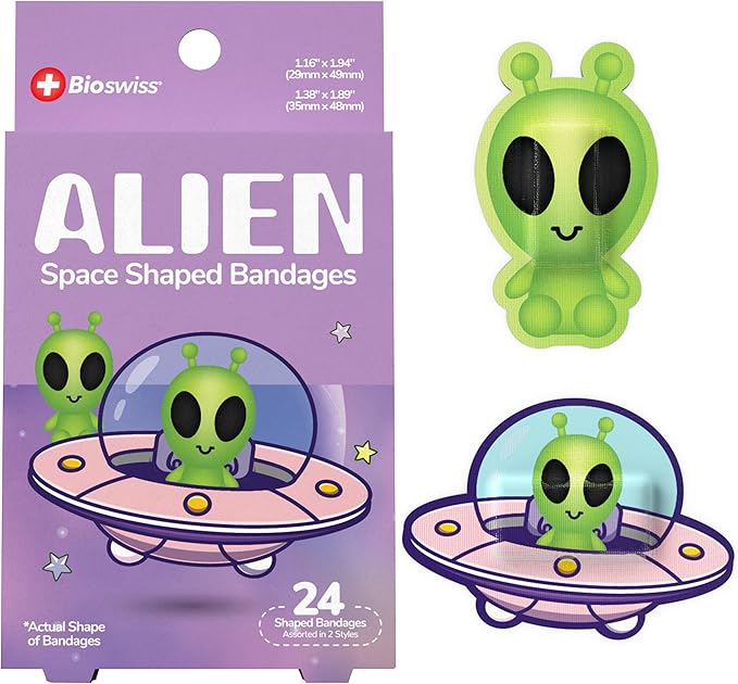 BioSwiss Kids Bandages, Halloween Alien Shaped Self Adhesive Bandage Set, Latex Free, Sterile Wound Care, 24 Count