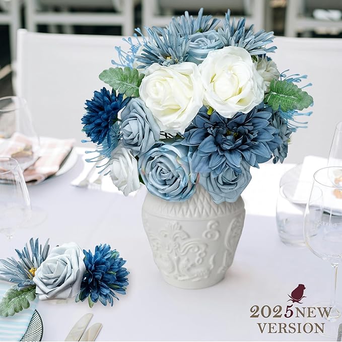 Artificial Flowers Combo Blue Flowers - Mix Silk Flowers Dahlia Roses with Stems ffor DIY Wedding Bouquets Bridal Shower Centerpieces Floral Arrangements Party Tables Home Decorations.
