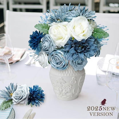 Artificial Flowers Combo Blue Flowers - Mix Silk Flowers Dahlia Roses with Stems ffor DIY Wedding Bouquets Bridal Shower Centerpieces Floral Arrangements Party Tables Home Decorations.