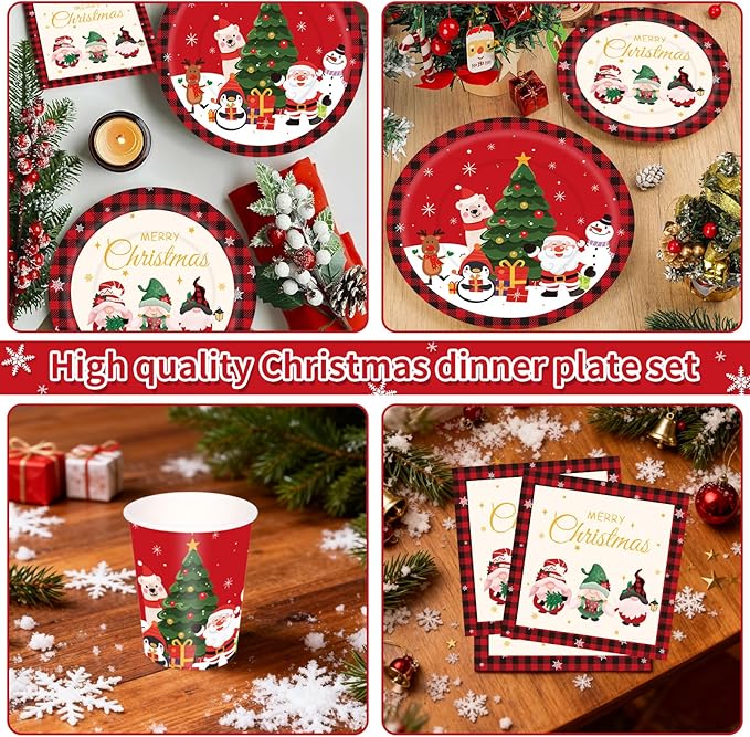 175PCS Large Christmas Paper Plates and Napkins Serves 25, Red Disposable Dinnerware Set, Christmas Party Supplies Decoration, Holiday Party Plates Total