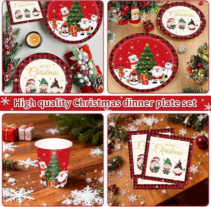 175PCS Large Christmas Paper Plates and Napkins Serves 25, Red Disposable Dinnerware Set, Christmas Party Supplies Decoration, Holiday Party Plates Total