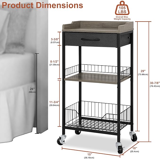 4-Tier Tall Side Table with Optional Wheels, Narrow End Table with Drawer and Shelves, 30" High Small Storage Table for Living Room, Bedroom, Bathroom, Black & Grey
