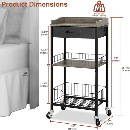 4-Tier Tall Side Table with Optional Wheels, Narrow End Table with Drawer and Shelves, 30" High Small Storage Table for Living Room, Bedroom, Bathroom, Black & Grey
